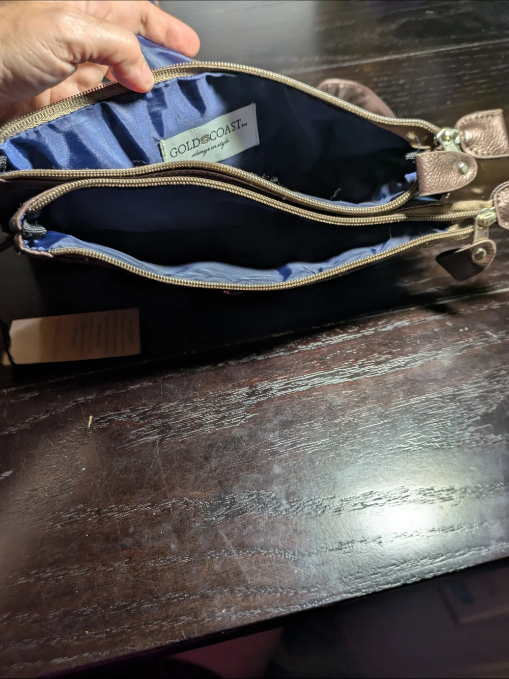 Gold Coast Denim Handbag Bag And Matching Watch - Blue with Brown Trim